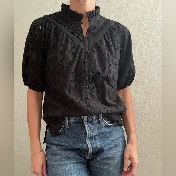 Tops - Romantic Black Eyelet Puff Sleeve Top / Cottagecore / Vintage-Inspired